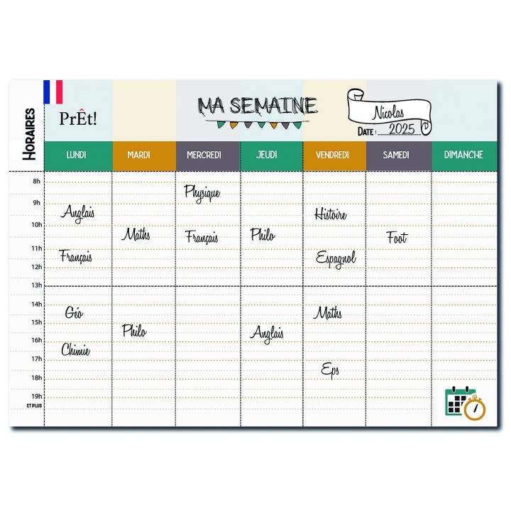 Organisation familiale : Semainier & Emploi du Temps Scolaire A3 mural recto-verso