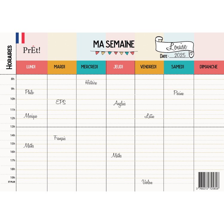 Organisation familiale : Semainier & Emploi du Temps Scolaire A3 mural recto-verso