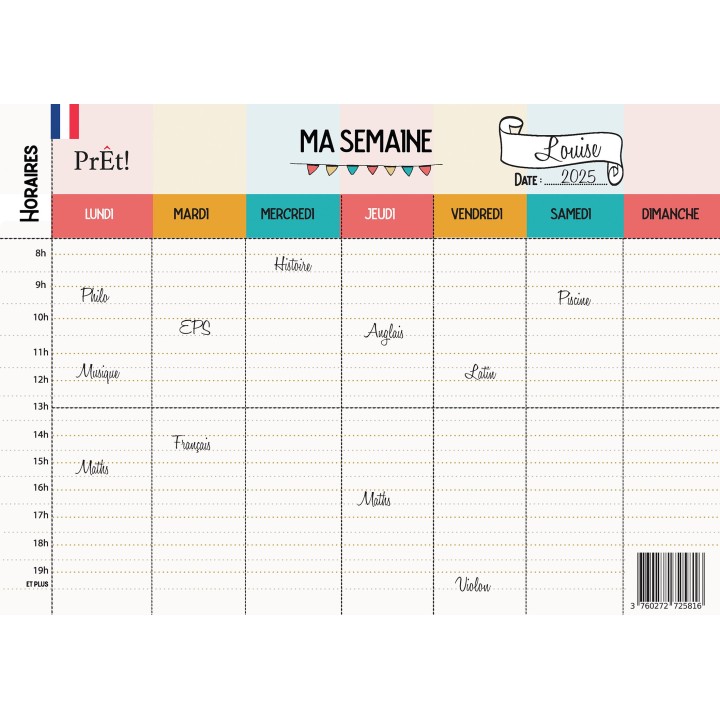 Organisation familiale : Semainier & Emploi du Temps Scolaire A3 mural recto-verso