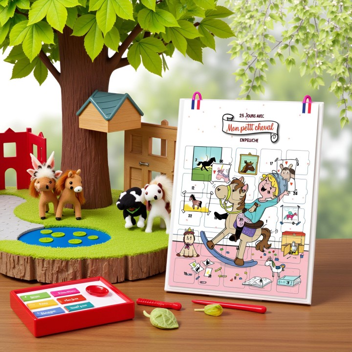 Calendrier enfant Mon petit cheval et moi – Affiche A3 avec chevalet – 25 jeux, astuces et conseils pour chevaux en peluche
