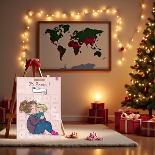 Calendrier “25 Bisous” personnalisable – Affiche A3 enfant avec chevalet – 25 bisous tendres & rigolos – Sans Chocolat