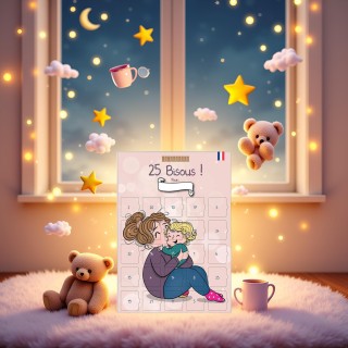 Calendrier “25 Bisous” personnalisable – Affiche A3 enfant avec chevalet – 25 bisous tendres & rigolos – Sans Chocolat