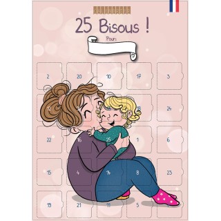 Calendrier “25 Bisous” personnalisable – Affiche A3 enfant avec chevalet – 25 bisous tendres & rigolos – Sans Chocolat