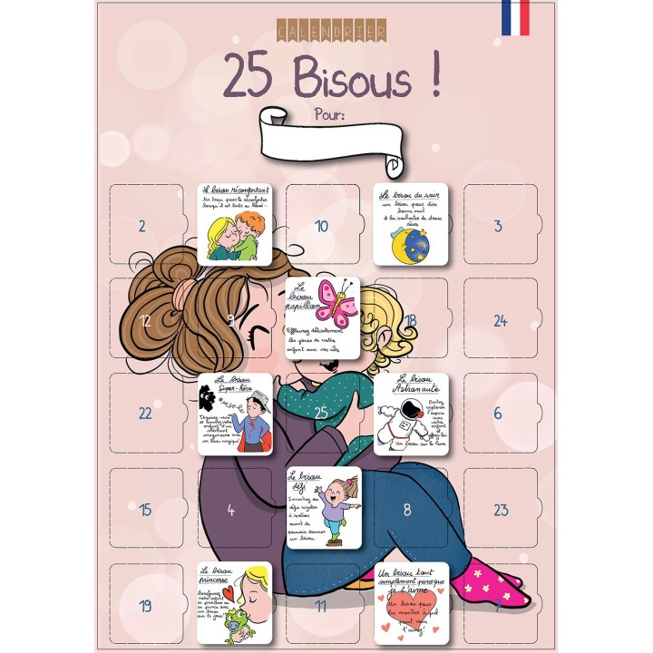 Calendrier “25 Bisous” personnalisable – Affiche A3 enfant avec chevalet – 25 bisous tendres & rigolos – Sans Chocolat