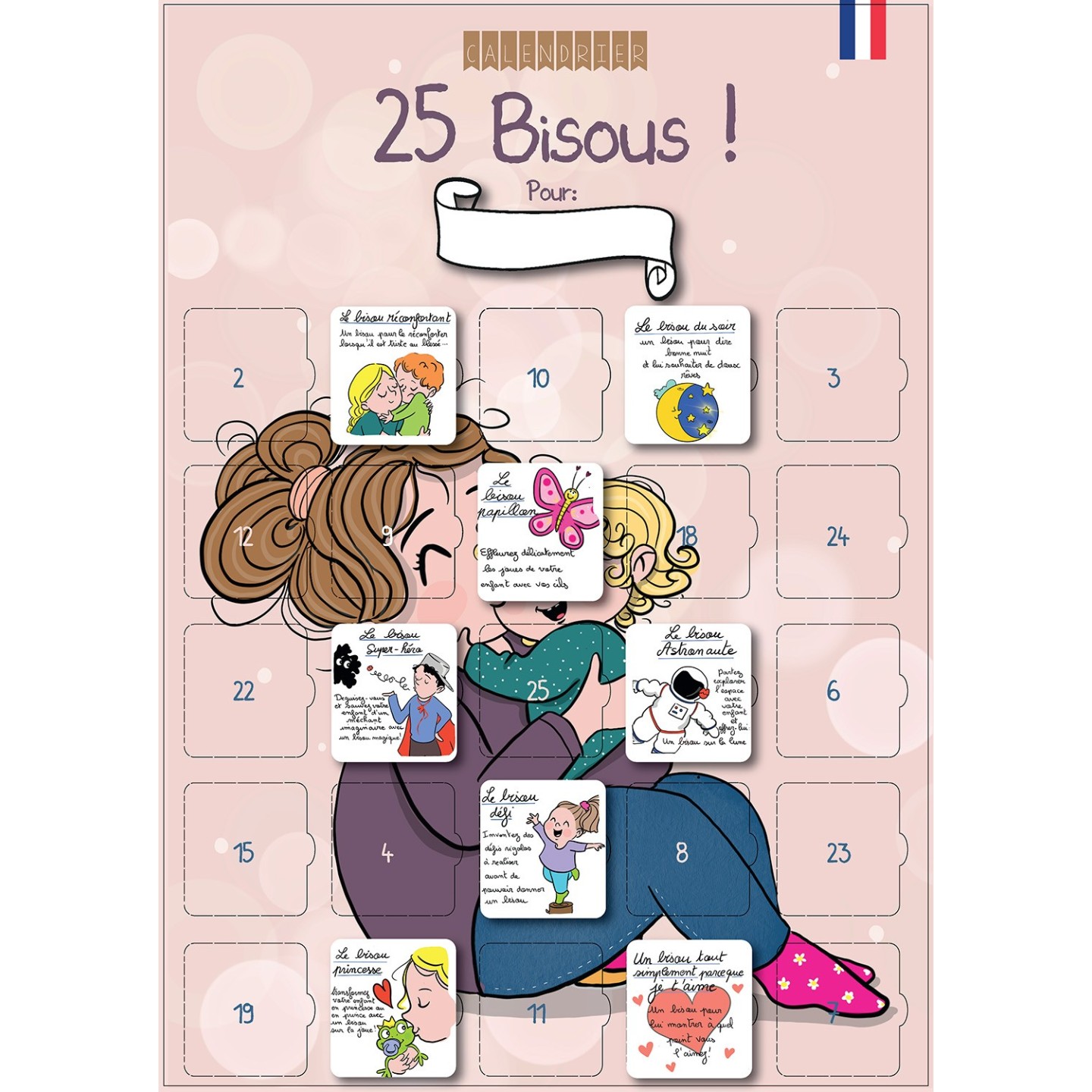Calendrier “25 Bisous” personnalisable – Affiche A3 enfant avec chevalet – 25 bisous tendres & rigolos – Sans Chocolat