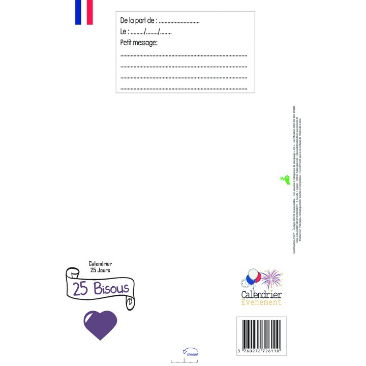 Calendrier “25 Bisous” personnalisable – Affiche A3 enfant avec chevalet – 25 bisous tendres & rigolos – Sans Chocolat