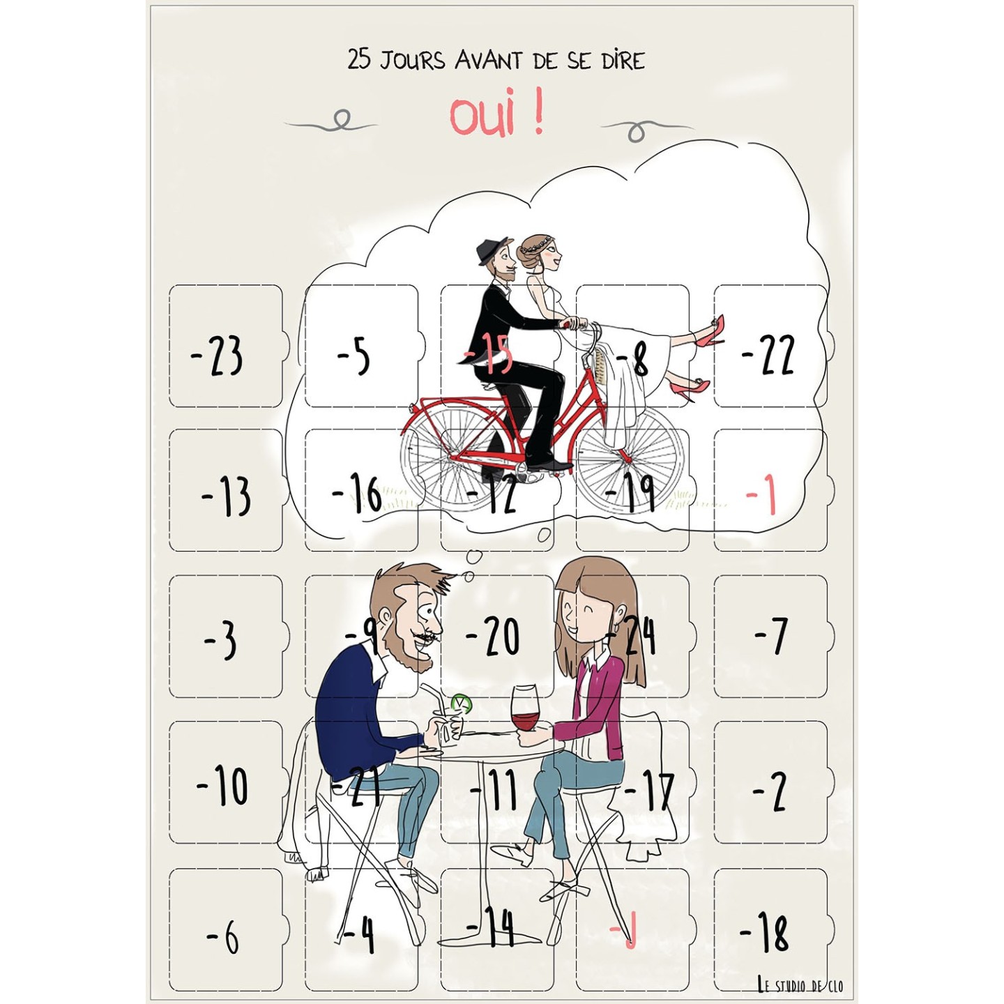 Calendrier compte à rebours avant le mariage humoristique