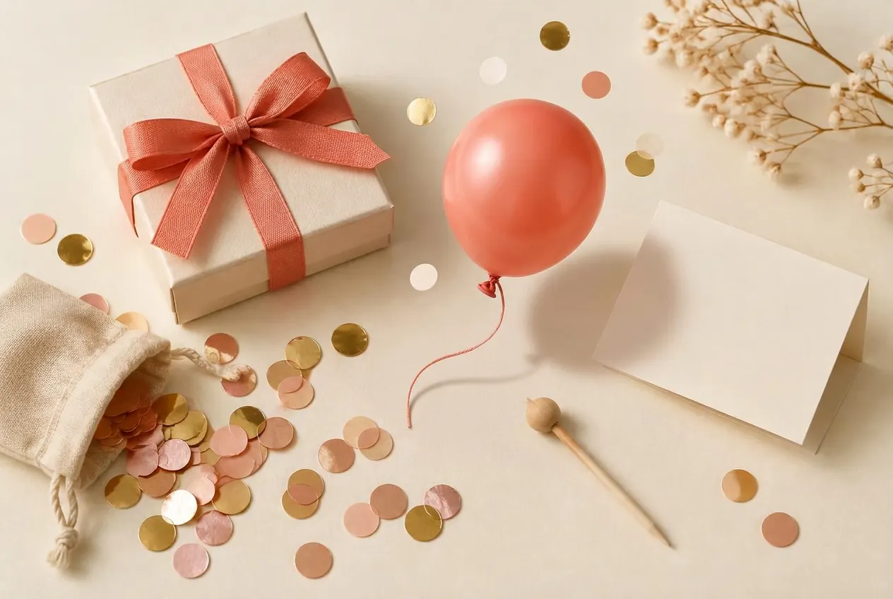 Contenu du kit avec boîte surprise, petite pique en bois et confettis