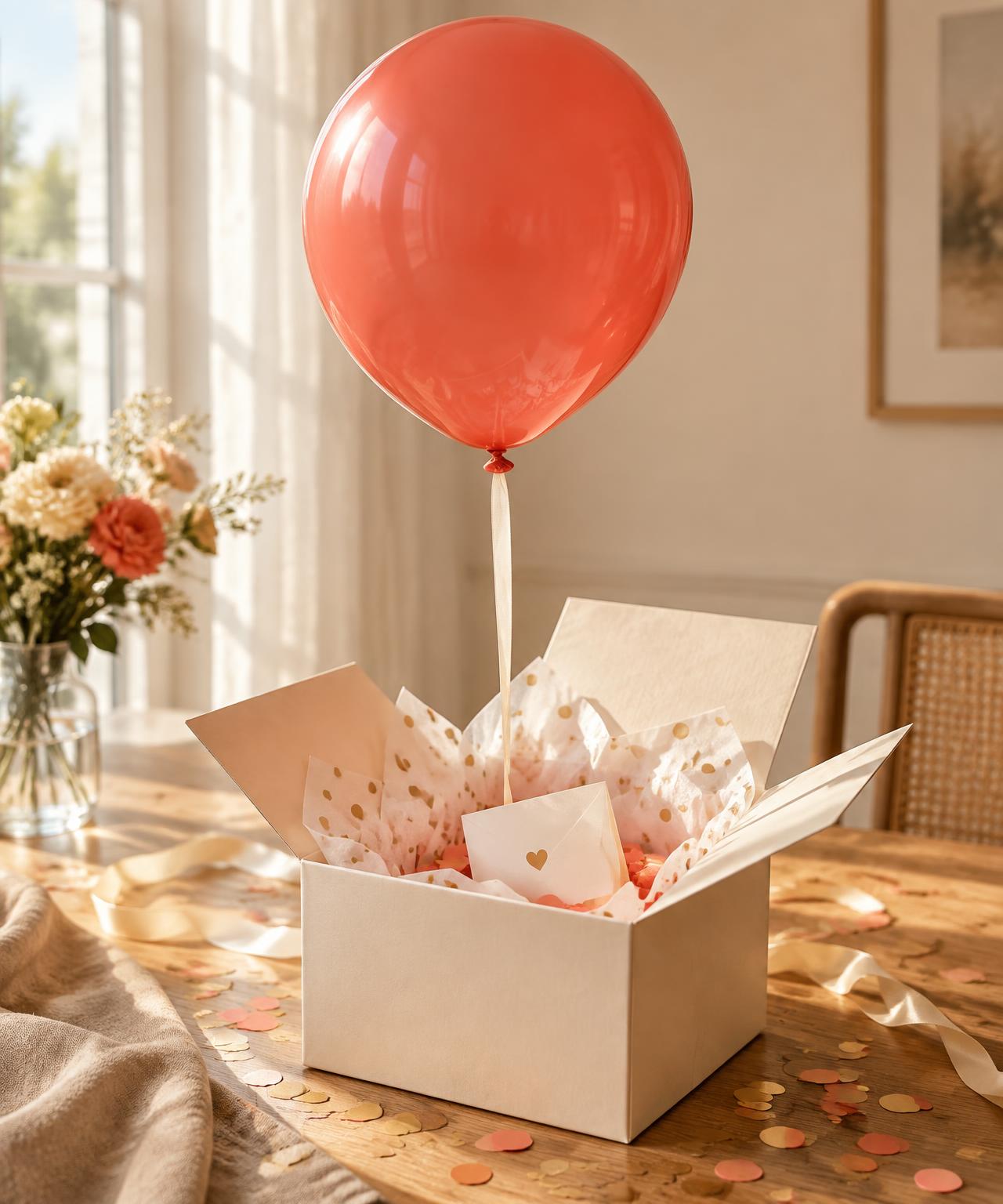 Boîte surprise ouverte avec un ballon corail gonflé à l'hélium