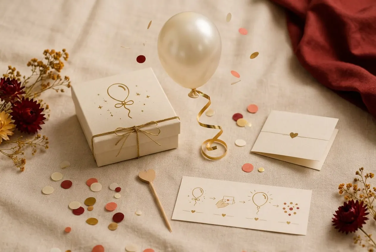 Le contenu du kit avec boîte surprise, ballon, confettis et pique en bois