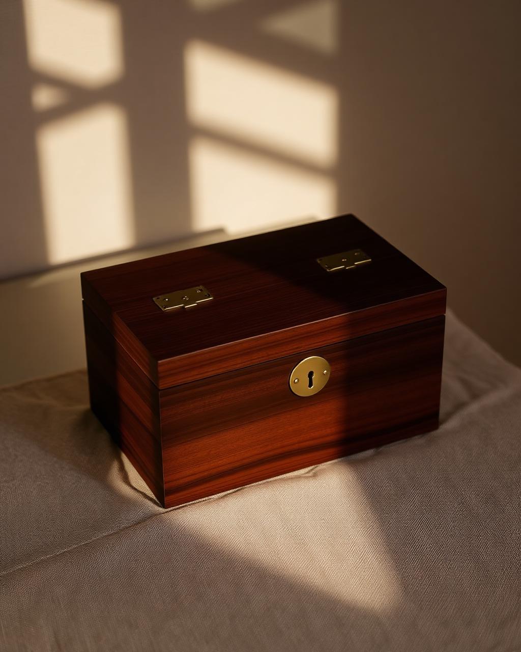 Coffret capsule temporelle en bois sombre gravé et scellé à la cire