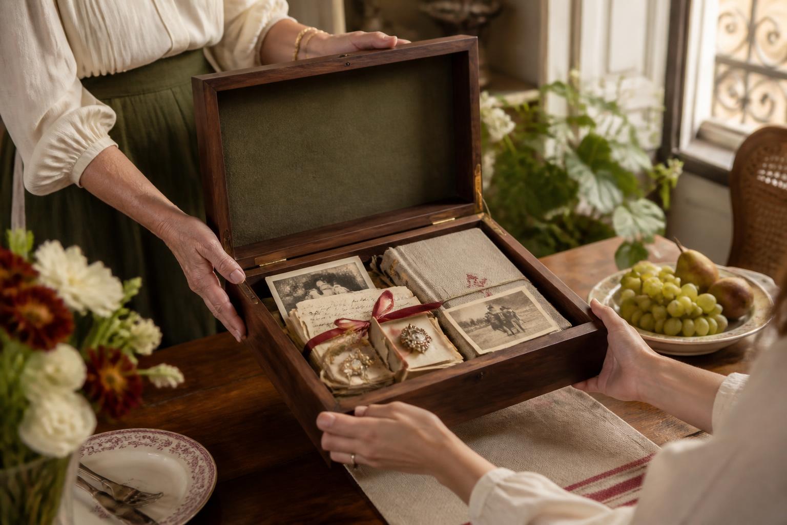 Coffret l'héritage transmis à une proche et rempli de souvenirs