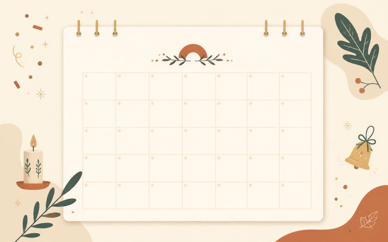 Page de calendrier illustrée avec confettis, bougie et feuillage