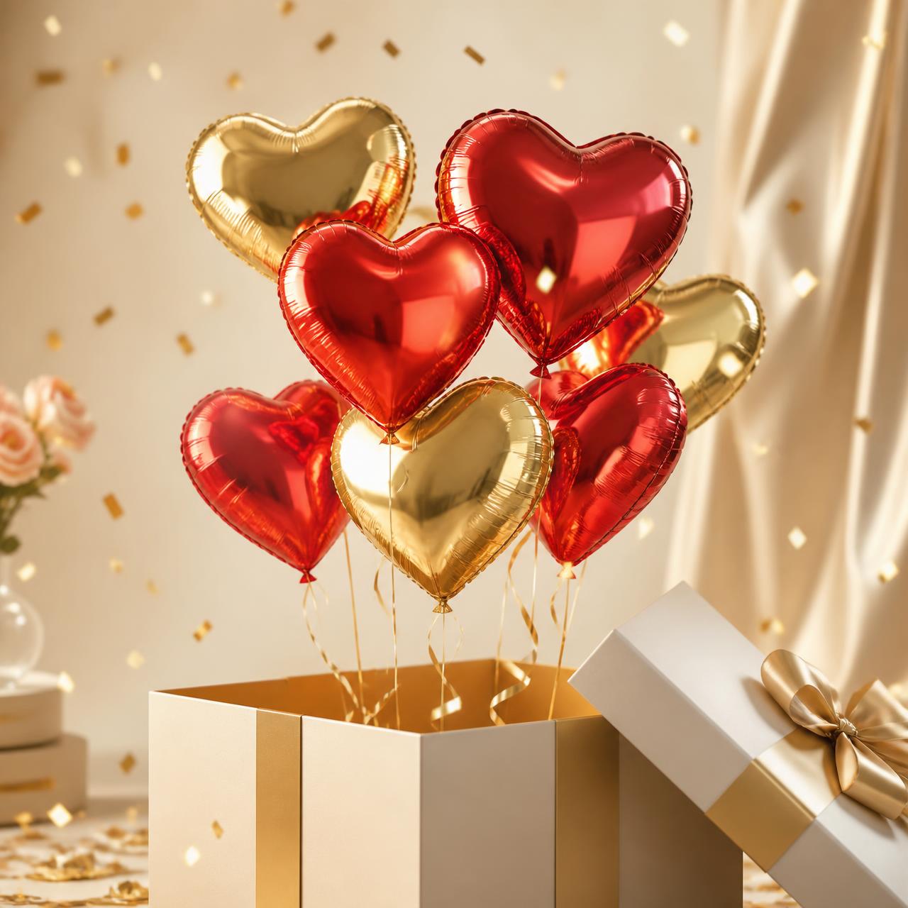 Box cadeau ouverte laissant s'échapper des ballons cœur rouges et dorés gonflés à l'hélium