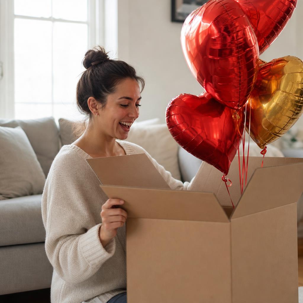 Une femme ouvre son carton de livraison et libère des ballons cœur rouges et dorés gonflés à l'hélium