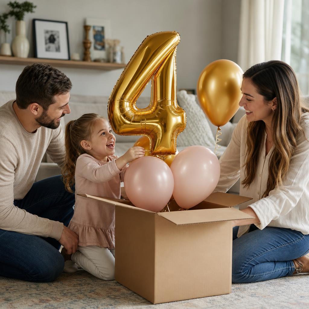 Une famille ouvre le carton d'anniversaire, le ballon chiffre 4 doré s'envole
