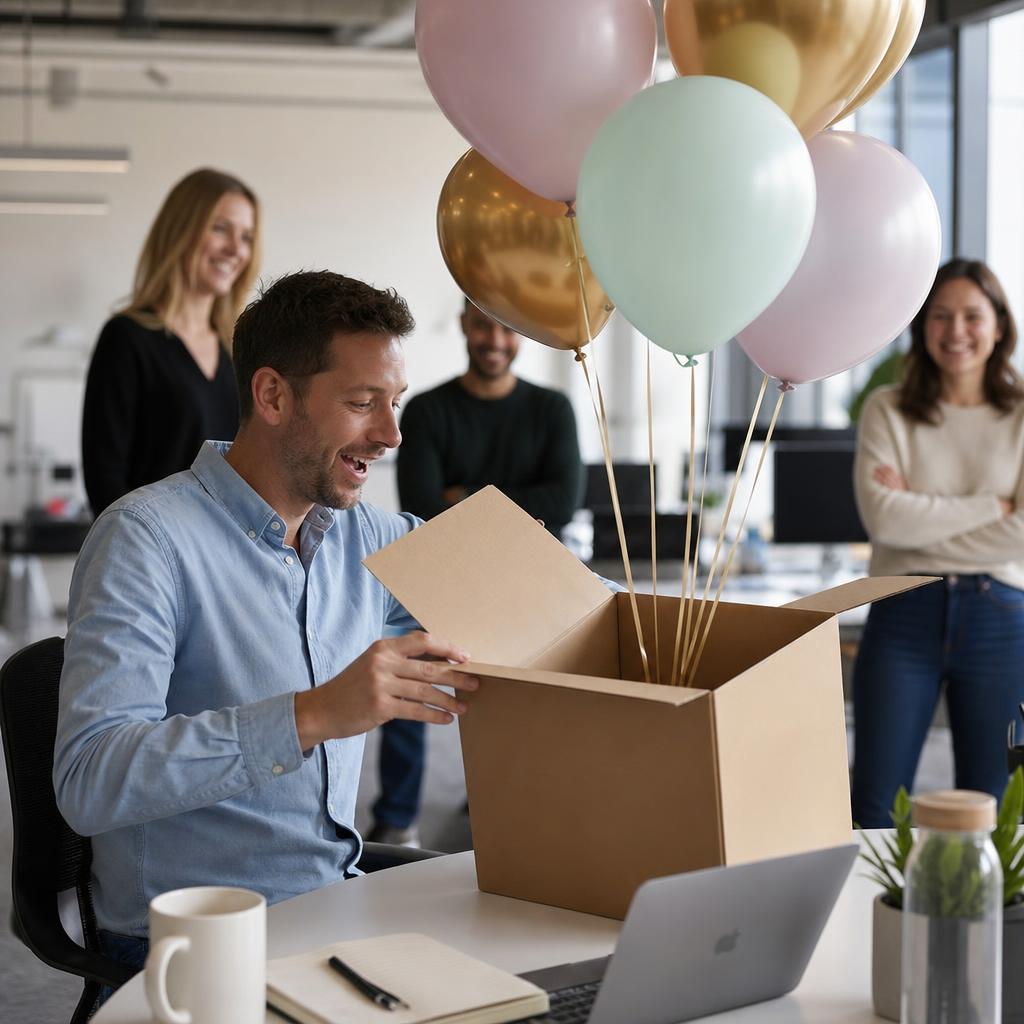 Un homme ouvre son carton surprise au bureau, les ballons pastel s'échappent